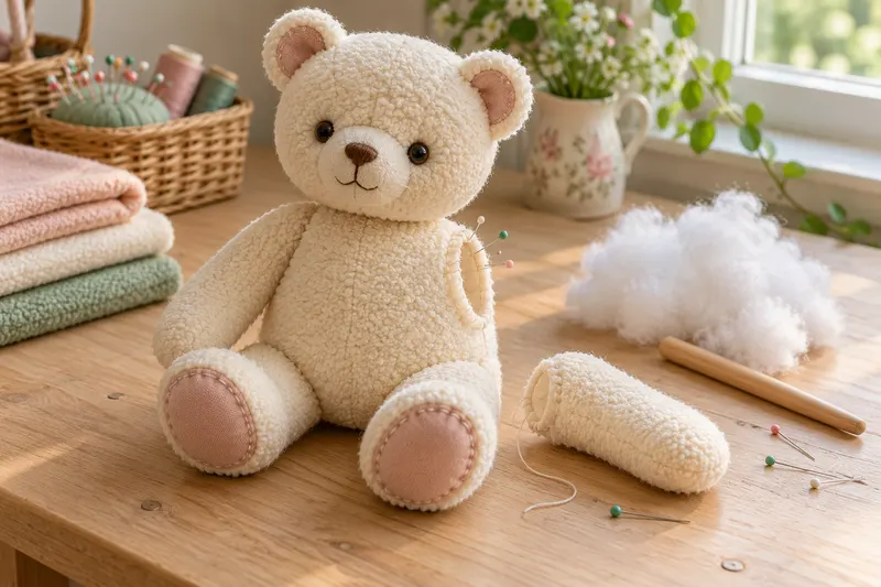 A part-finished fleece bear with a tuft of stuffing beside it