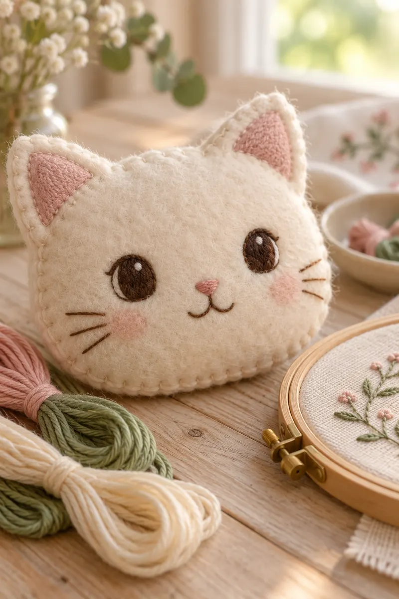 A felt cat face with embroidered eyes, an embroidery hoop and skeins of floss