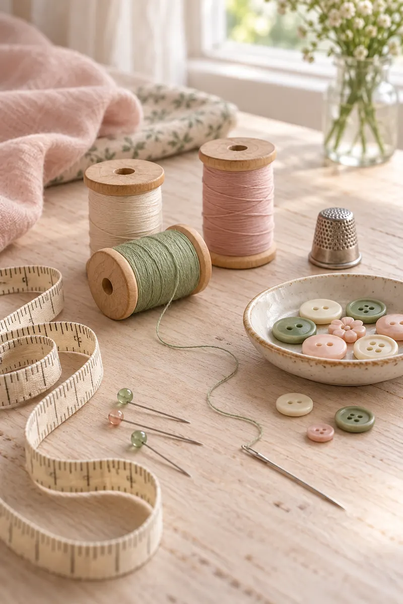 Thread spools, a tape measure, pins and buttons on a craft table