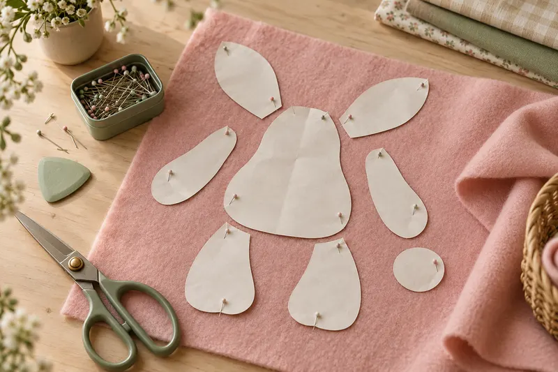 Paper pattern pieces pinned onto blush felt with chalk and scissors