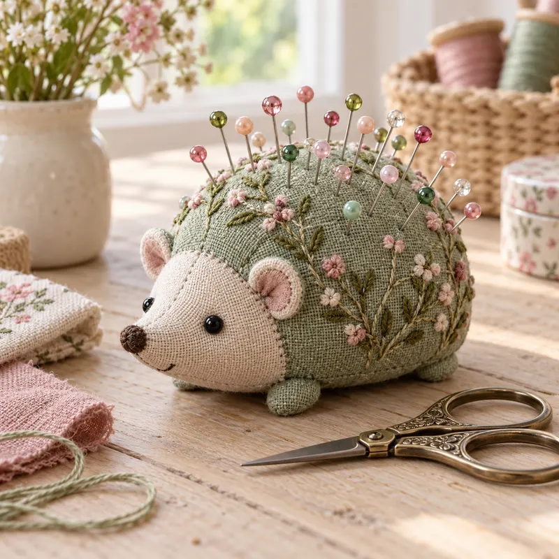 A sage linen hedgehog pincushion full of glass-head pins