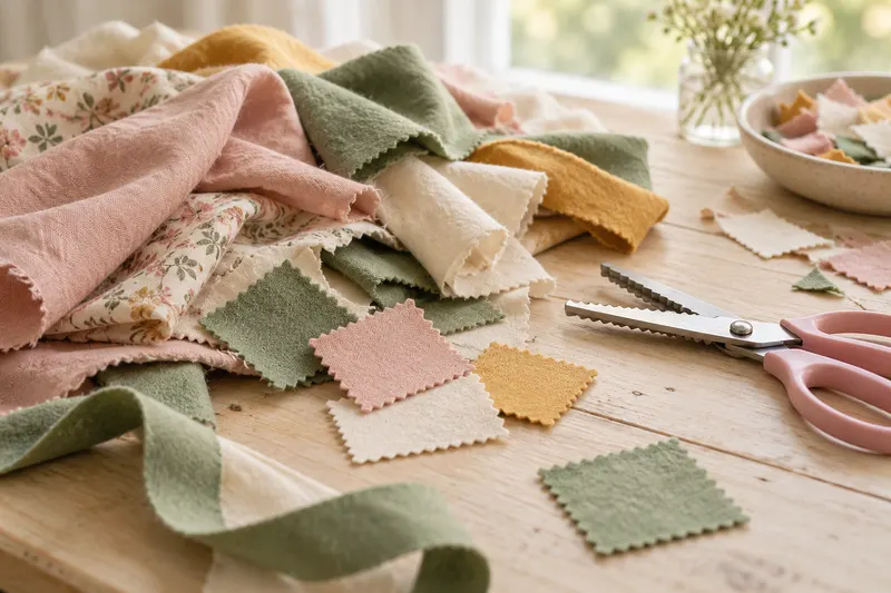 A pile of cotton and felt scraps in blush, sage and mustard