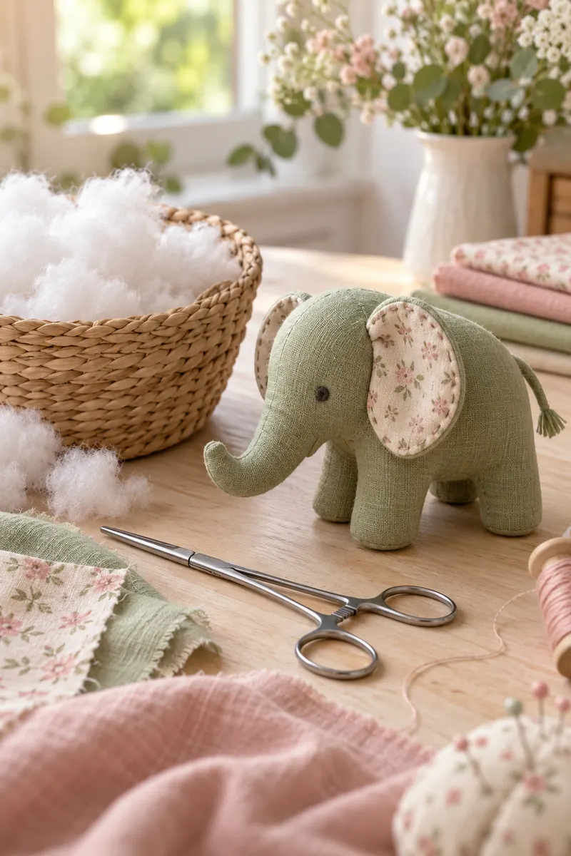 Fibrefill in a basket and a small sewn elephant on a craft table